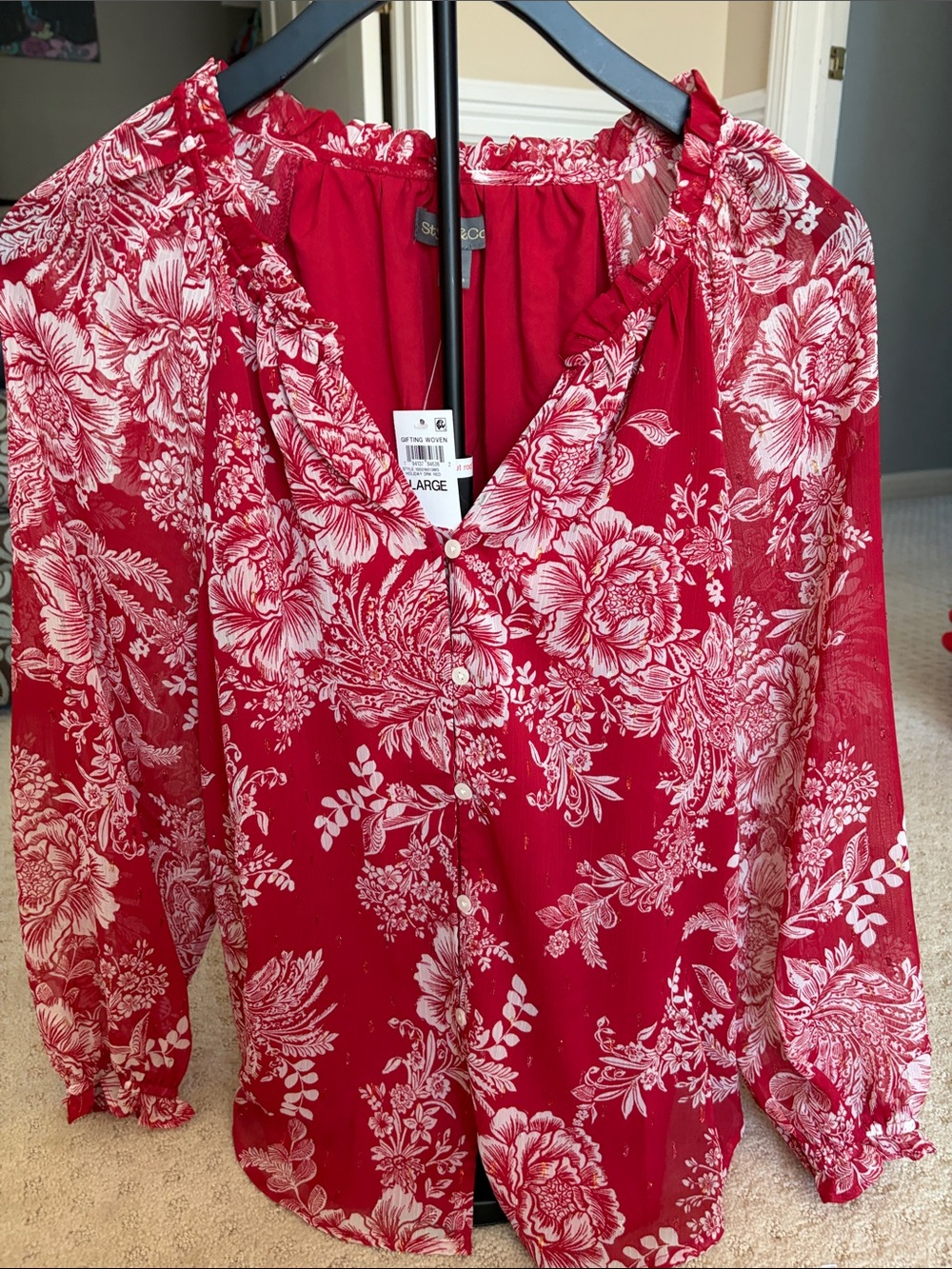 Style & Co. Red and White Floral Button-Front Blouse